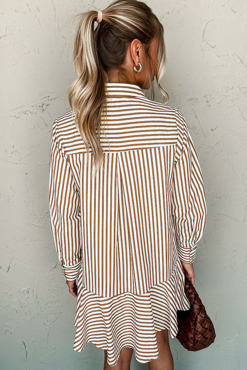 Preppy Vertical Stripe Flounce Hem Collared Shirt Mini Dress
